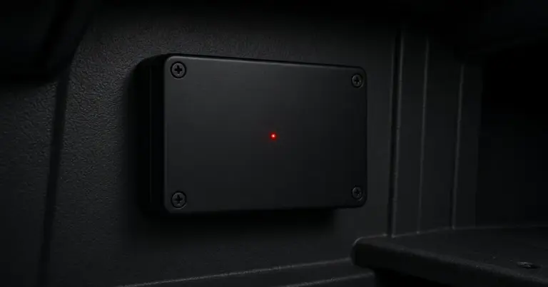 Onboard battery charger with a single red indicator light in a dark compartment