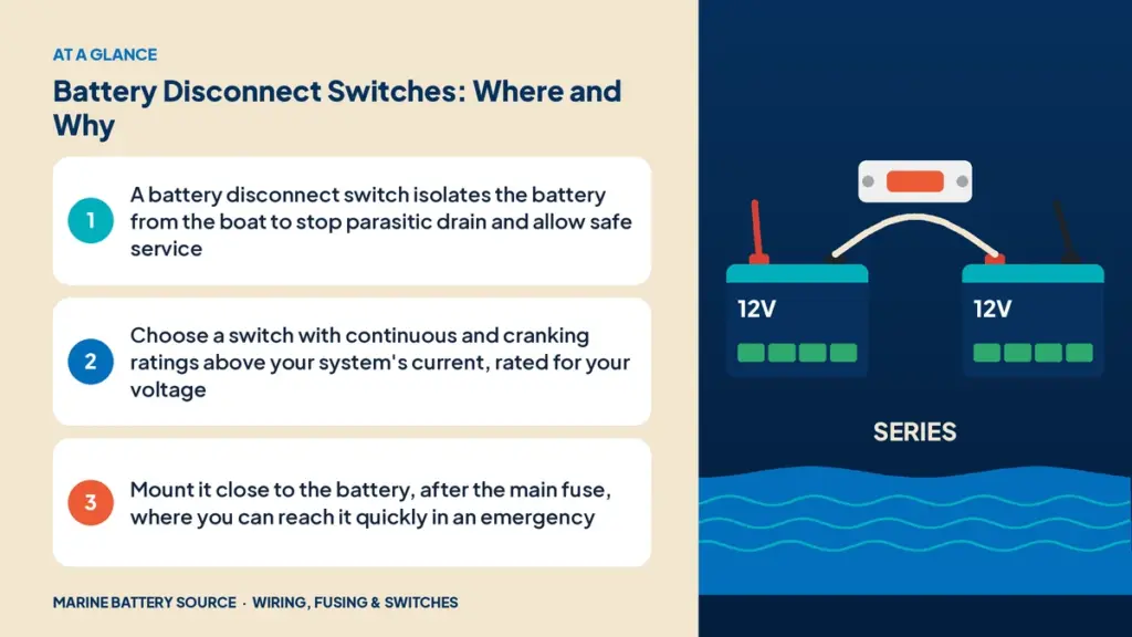 At-a-glance summary: A battery disconnect switch isolates the battery from the boat to stop parasitic drain and allow safe service; Choose a switch with continuous and cranking ratings above your system's current, rated for your voltage; Mount it close to the battery, after the main fuse, where you can reach it quickly in an emergency