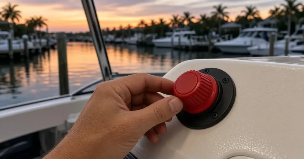 Hand turning a red battery disconnect knob on a boat at a marina at sunset