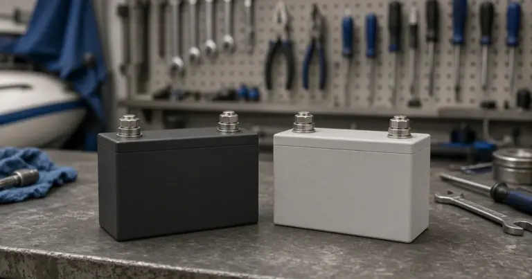 Black and white lithium batteries side by side on a workshop bench