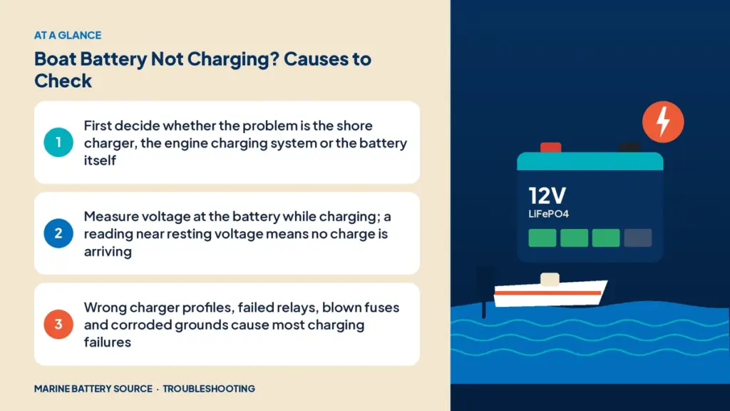At-a-glance summary: First decide whether the problem is the shore charger, the engine charging system or the battery itself; Measure voltage at the battery while charging; a reading near resting voltage means no charge is arriving; Wrong charger profiles, failed relays, blown fuses and corroded grounds cause most charging failures
