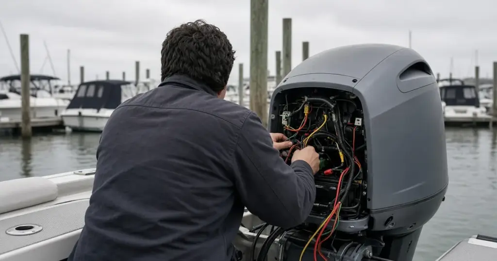 Technician checking wiring under an outboard's cowling at a marina, seen from behind
