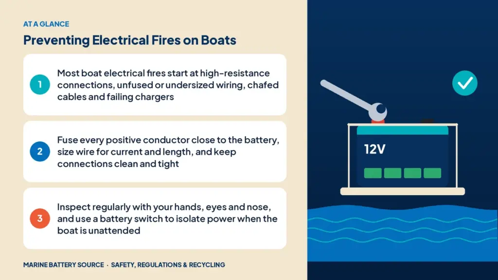 At-a-glance summary: Most boat electrical fires start at high-resistance connections, unfused or undersized wiring, chafed cables and failing chargers; Fuse every positive conductor close to the battery, size wire for current and length, and keep connections clean and tight; Inspect regularly with your hands, eyes and nose, and use a battery switch to isolate power when the boat is unattended