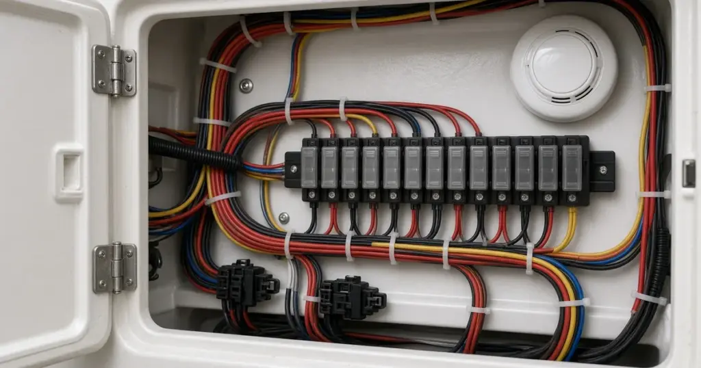 Neatly routed wiring and a fuse block inside a boat cabinet beside a smoke detector