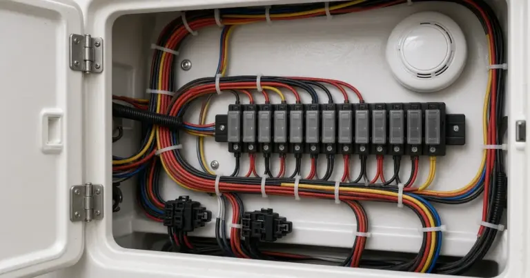 Neatly routed wiring and a fuse block inside a boat cabinet beside a smoke detector