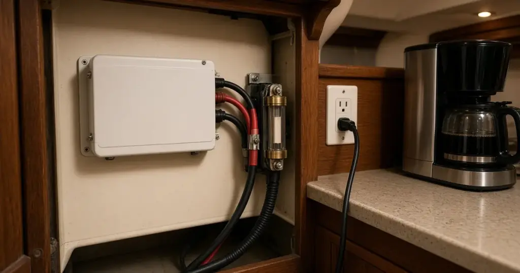 Inverter mounted inside a boat galley cabinet with heavy cables, an inline fuse and an AC outlet beside a coffee maker