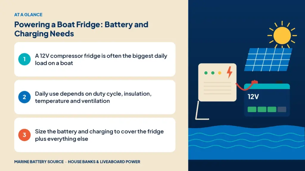 At-a-glance summary: A 12V compressor fridge is often the biggest daily load on a boat; Daily use depends on duty cycle, insulation, temperature and ventilation; Size the battery and charging to cover the fridge plus everything else