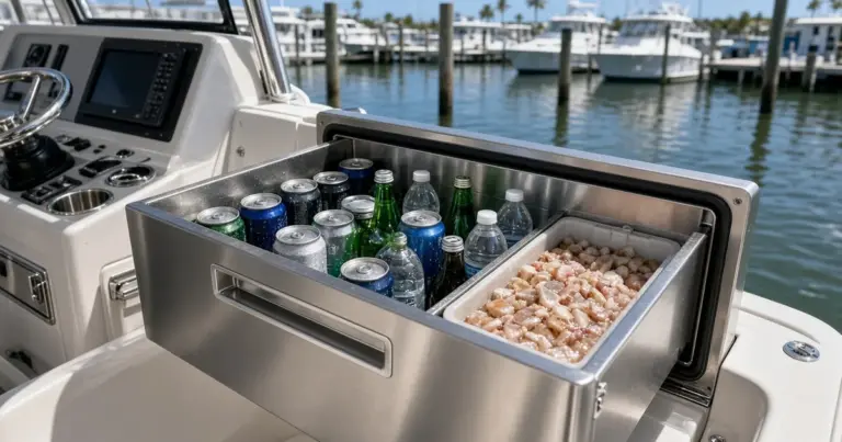 Stainless steel cooler drawer stocked with drinks and ice on a center console at a marina