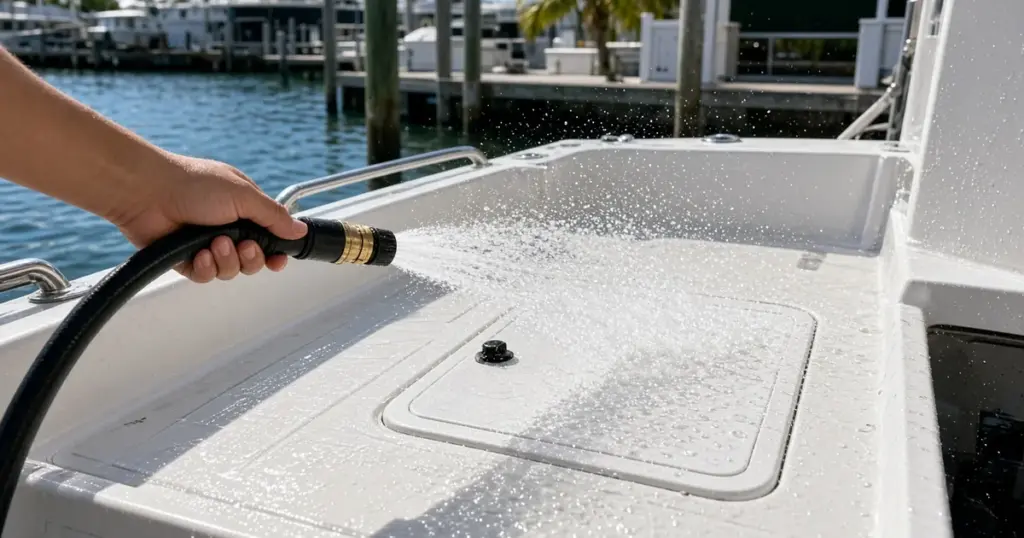 Hand spraying a washdown hose across a boat deck near a closed battery hatch at a marina