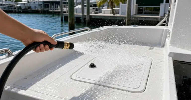Hand spraying a washdown hose across a boat deck near a closed battery hatch at a marina