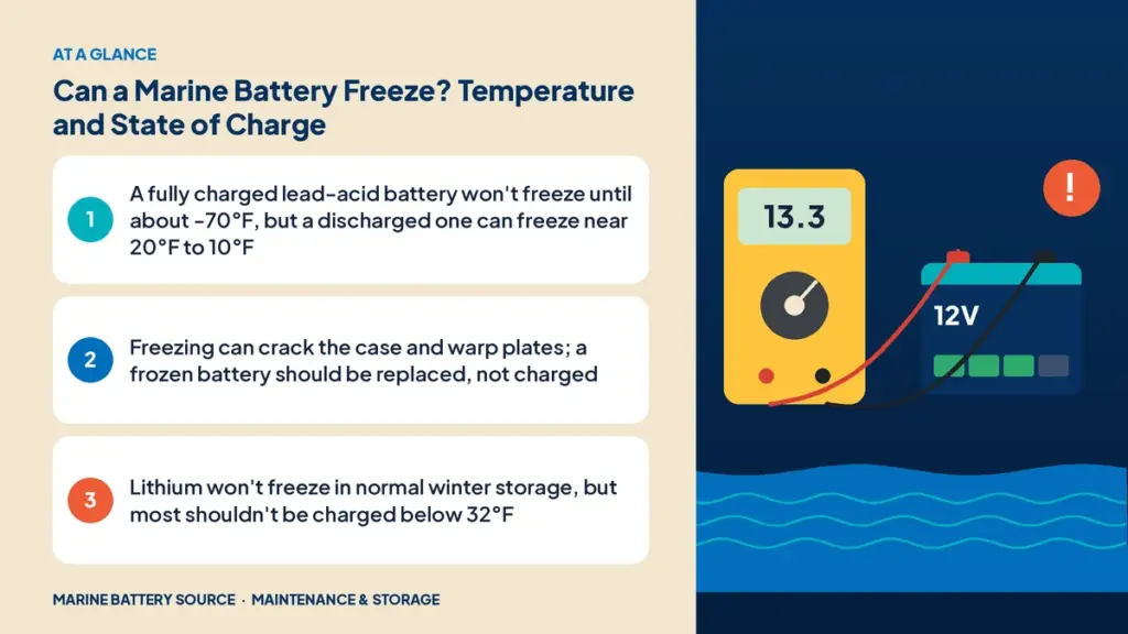 At-a-glance summary: A fully charged lead-acid battery won't freeze until about -70°F, but a discharged one can freeze near 20°F to 10°F; Freezing can crack the case and warp plates; a frozen battery should be replaced, not charged; Lithium won't freeze in normal winter storage, but most shouldn't be charged below 32°F