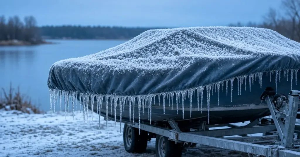 Covered boat on a trailer coated in frost and icicles beside a frozen lake