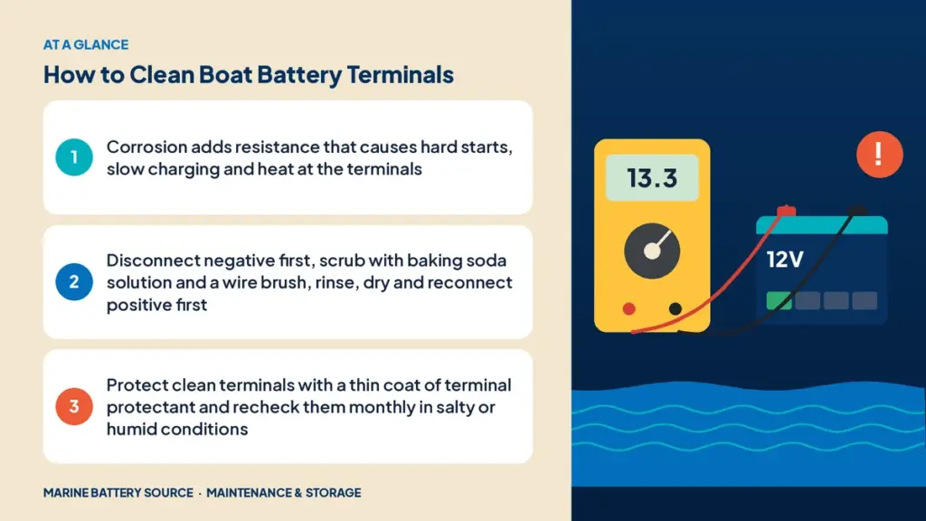 At-a-glance summary: Corrosion adds resistance that causes hard starts, slow charging and heat at the terminals; Disconnect negative first, scrub with baking soda solution and a wire brush, rinse, dry and reconnect positive first; Protect clean terminals with a thin coat of terminal protectant and recheck them monthly in salty or humid conditions