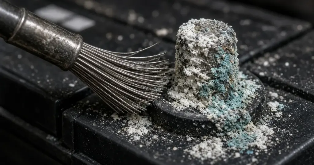 Wire brush beside a battery post crusted with white and blue-green corrosion