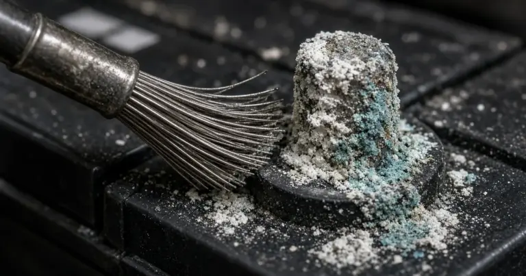 Wire brush beside a battery post crusted with white and blue-green corrosion