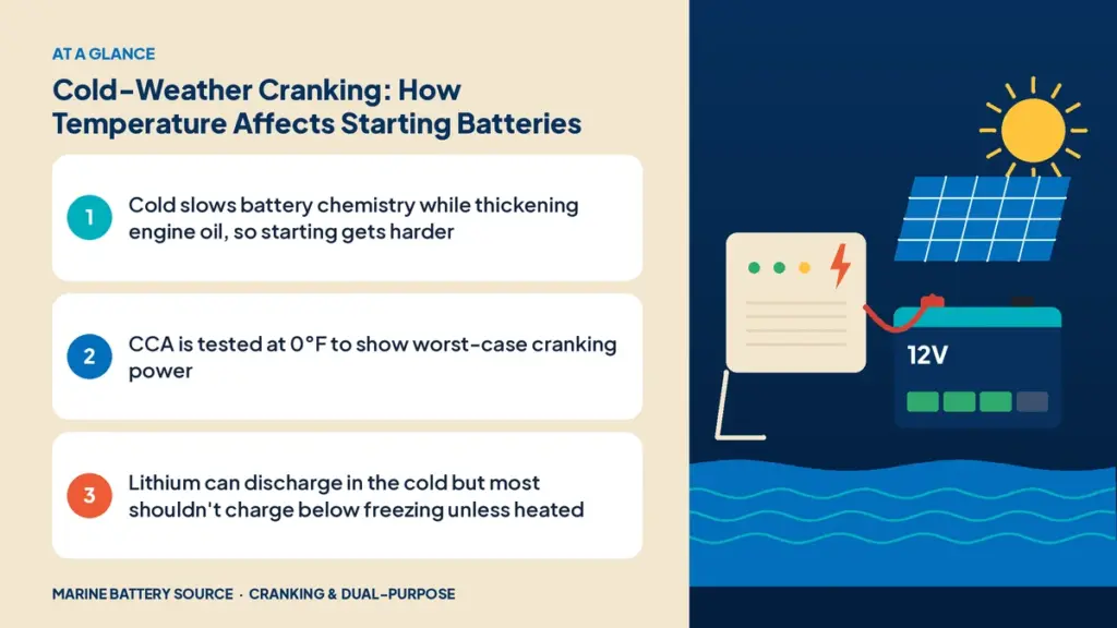 At-a-glance summary: Cold slows battery chemistry while thickening engine oil, so starting gets harder; CCA is tested at 0°F to show worst-case cranking power; Lithium can discharge in the cold but most shouldn't charge below freezing unless heated