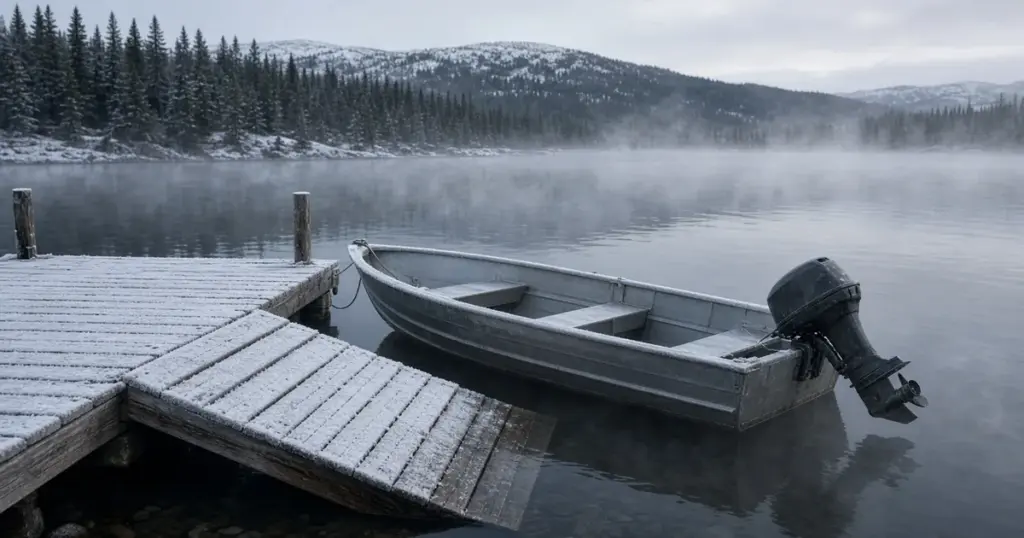 Aluminum boat with an outboard tied to a frosty dock on a misty mountain lake in early winter