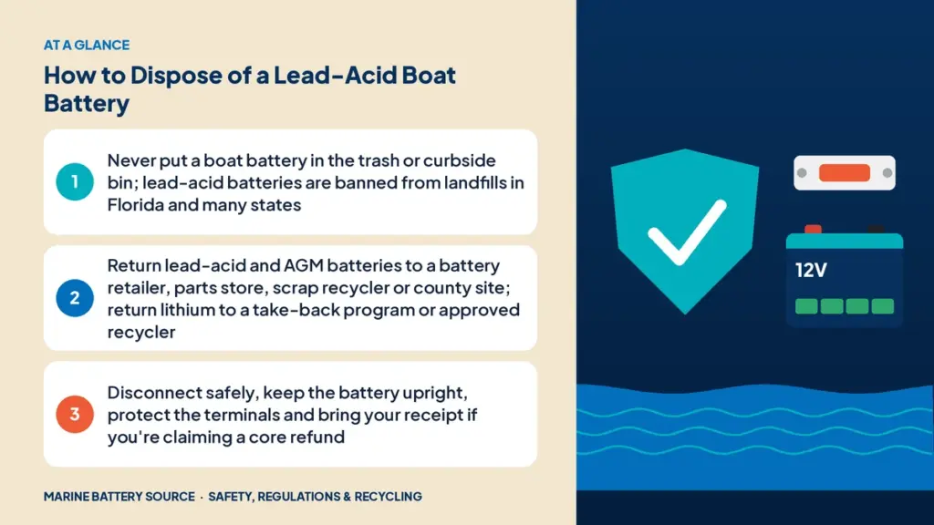 At-a-glance summary: Never put a boat battery in the trash or curbside bin; lead-acid batteries are banned from landfills in Florida and many states; Return lead-acid and AGM batteries to a battery retailer, parts store, scrap recycler or county site; return lithium to a take-back program or approved recycler; Disconnect safely, keep the battery upright, protect the terminals and bring your receipt if you're claiming a core refund