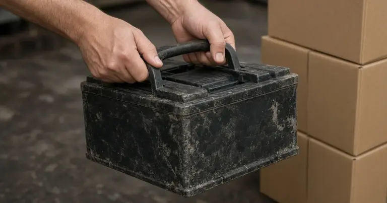 Hands carrying an old, grimy battery by its handle past stacked boxes