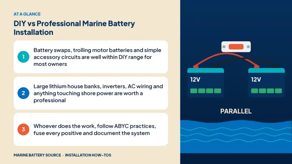 At-a-glance summary: Battery swaps, trolling motor batteries and simple accessory circuits are well within DIY range for most owners; Large lithium house banks, inverters, AC wiring and anything touching shore power are worth a professional; Whoever does the work, follow ABYC practices, fuse every positive and document the system