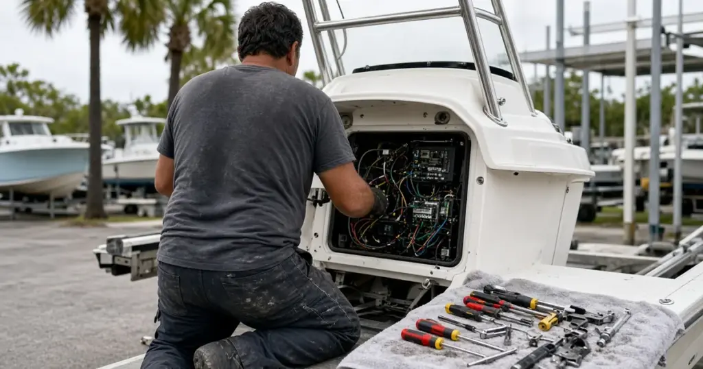 Technician working in a boat's open console with tools laid out on a towel, seen from behind