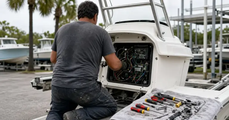 Technician working in a boat's open console with tools laid out on a towel, seen from behind