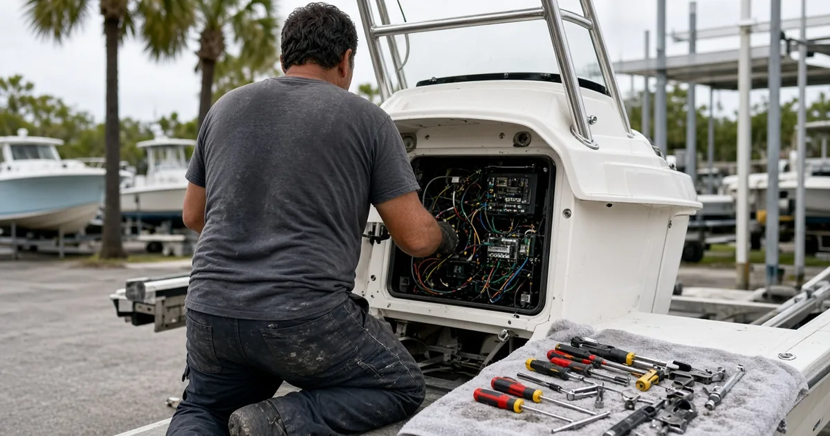 Marine battery technician working in the open console of a center-console boat at a Florida marina, tools laid out on the deck