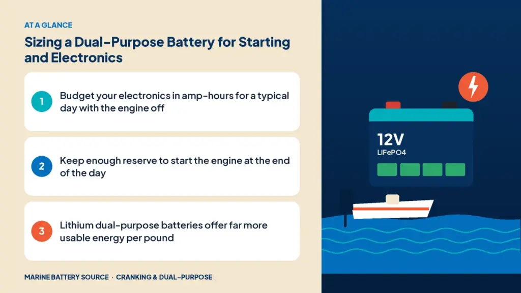 At-a-glance summary: Budget your electronics in amp-hours for a typical day with the engine off; Keep enough reserve to start the engine at the end of the day; Lithium dual-purpose batteries offer far more usable energy per pound
