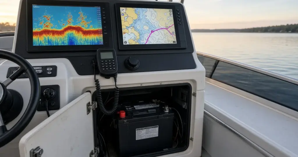 Boat helm with two marine electronics displays and a battery visible in the open console below