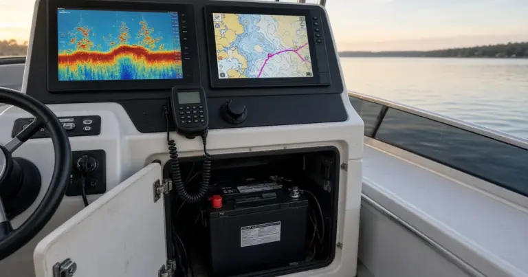 Boat helm with two marine electronics displays and a battery visible in the open console below