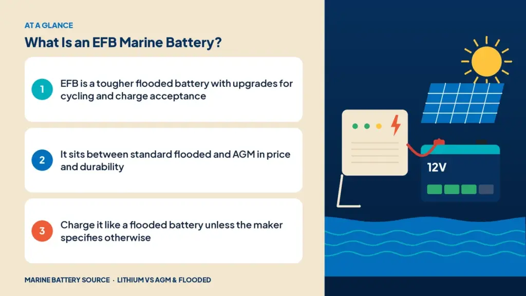 At-a-glance summary: EFB is a tougher flooded battery with upgrades for cycling and charge acceptance; It sits between standard flooded and AGM in price and durability; Charge it like a flooded battery unless the maker specifies otherwise