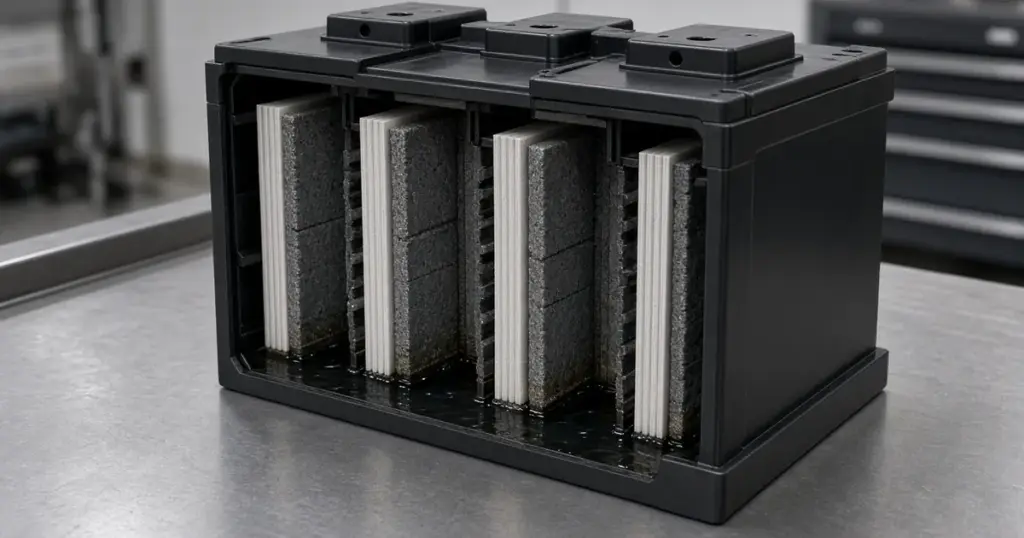 Cutaway battery case showing plate packs inside, on a workshop bench