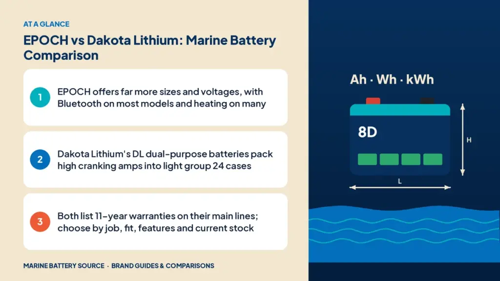 At-a-glance summary: EPOCH offers far more sizes and voltages, with Bluetooth on most models and heating on many; Dakota Lithium's DL dual-purpose batteries pack high cranking amps into light group 24 cases; Both list 11-year warranties on their main lines; choose by job, fit, features and current stock