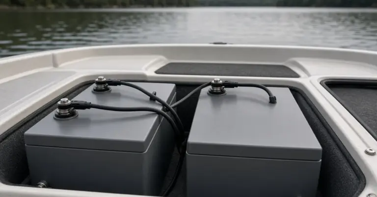 Two lithium batteries installed side by side in a boat's rear compartment