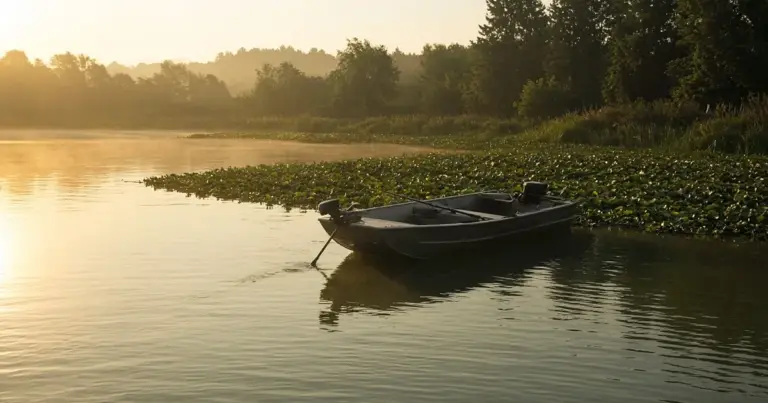 Small fishing boat drifting near lily pads on a calm lake at sunset