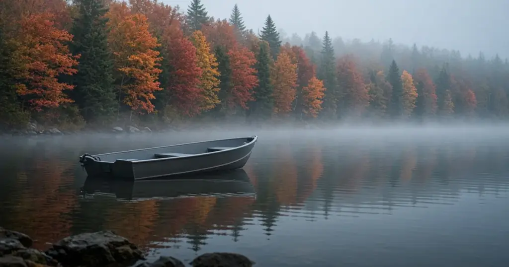 Aluminum boat on a misty lake with red and orange fall trees