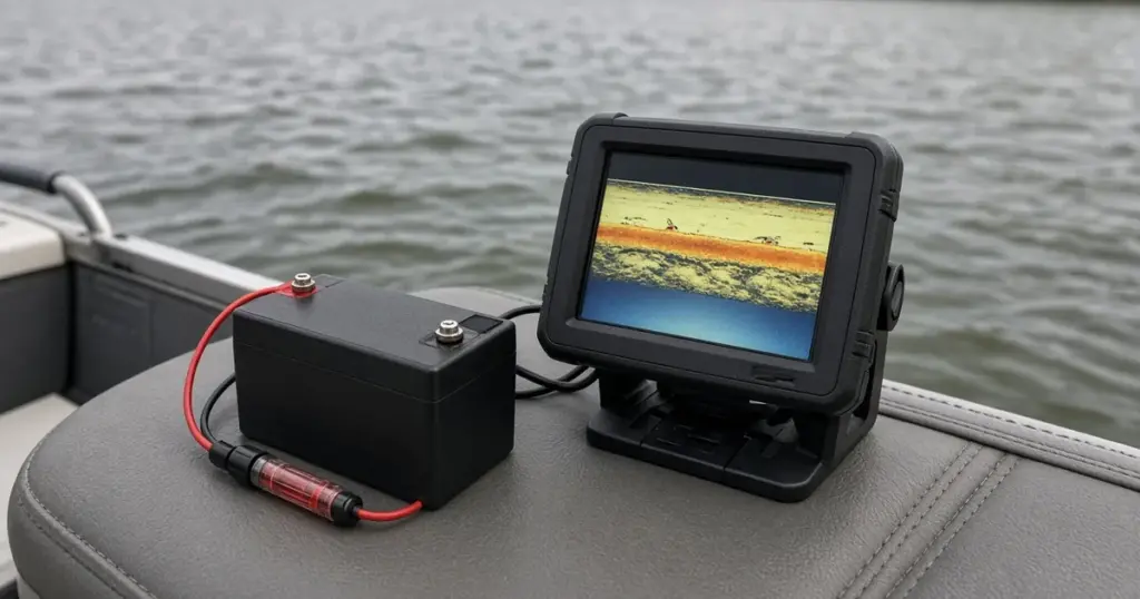 Compact fish finder and a small fused battery on a boat seat by the water