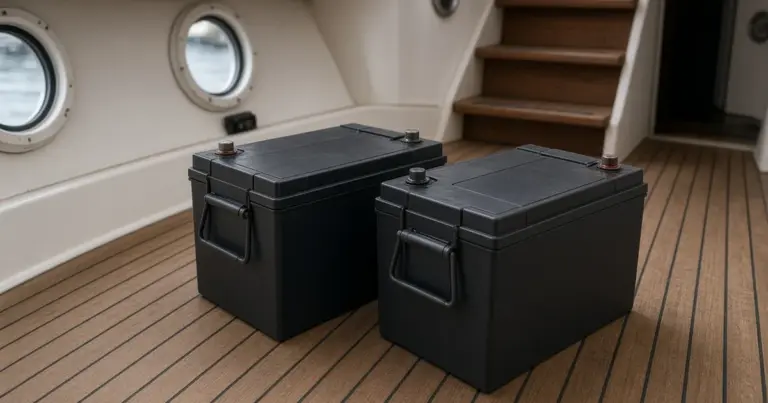 Two sealed batteries with carry handles on the teak floor of a boat cabin