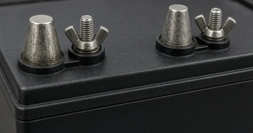 Close-up of marine battery posts with tapered lead terminals and threaded studs with wing nuts