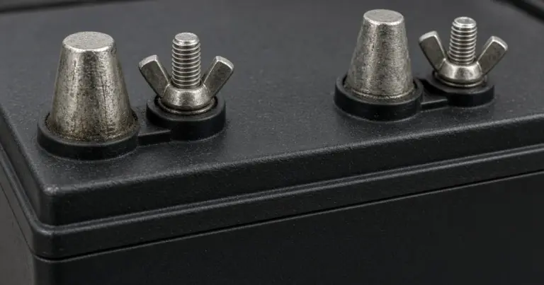 Close-up of marine battery posts with tapered lead terminals and threaded studs with wing nuts