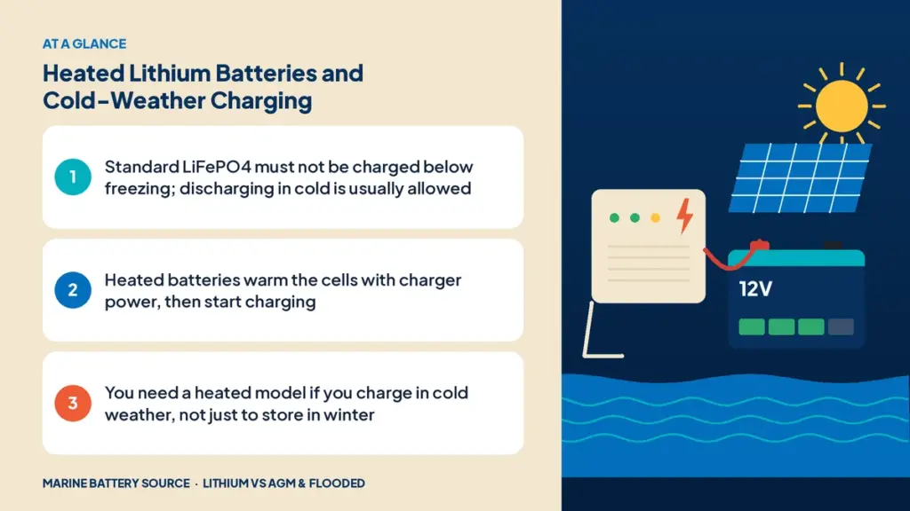 At-a-glance summary: Standard LiFePO4 must not be charged below freezing; discharging in cold is usually allowed; Heated batteries warm the cells with charger power, then start charging; You need a heated model if you charge in cold weather, not just to store in winter