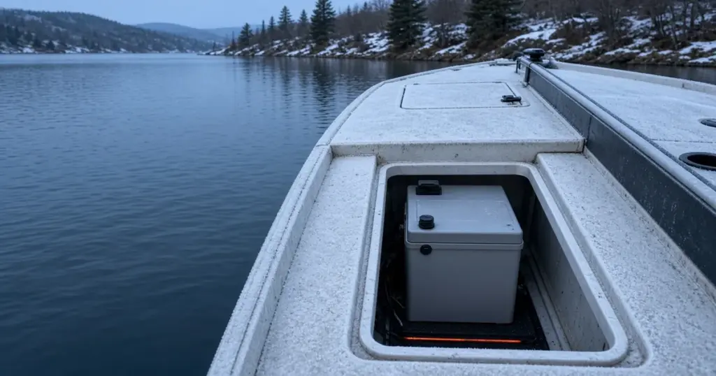 Lithium battery in an open compartment on a frosty boat deck beside a snowy lake