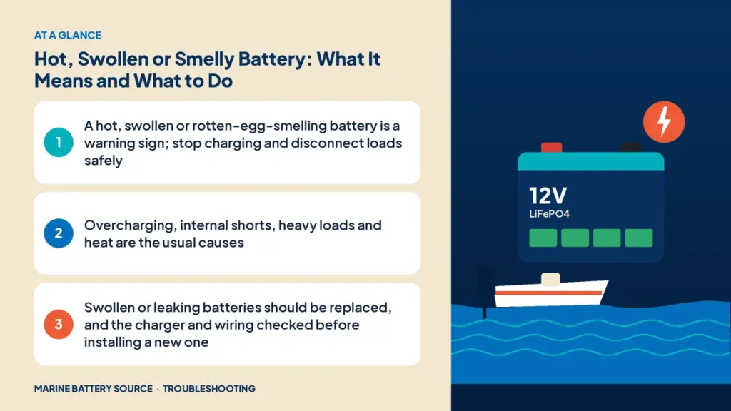 At-a-glance summary: A hot, swollen or rotten-egg-smelling battery is a warning sign; stop charging and disconnect loads safely; Overcharging, internal shorts, heavy loads and heat are the usual causes; Swollen or leaking batteries should be replaced, and the charger and wiring checked before installing a new one