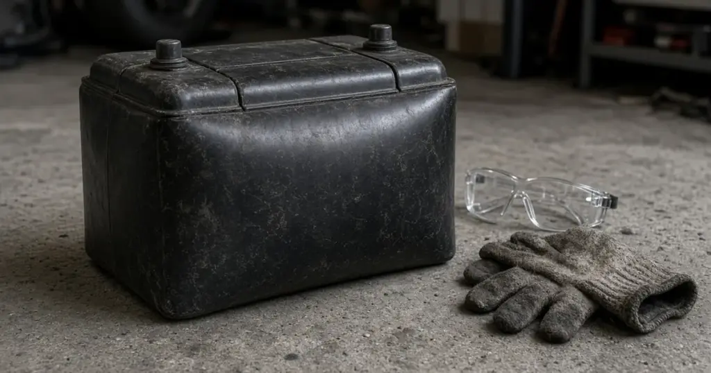 Swollen, bulging battery case on a concrete floor beside gloves and safety glasses