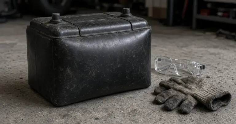 Swollen, bulging battery case on a concrete floor beside gloves and safety glasses