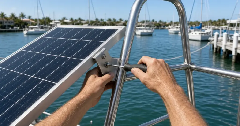 Hands tightening a solar panel mount on a stainless rail at a marina