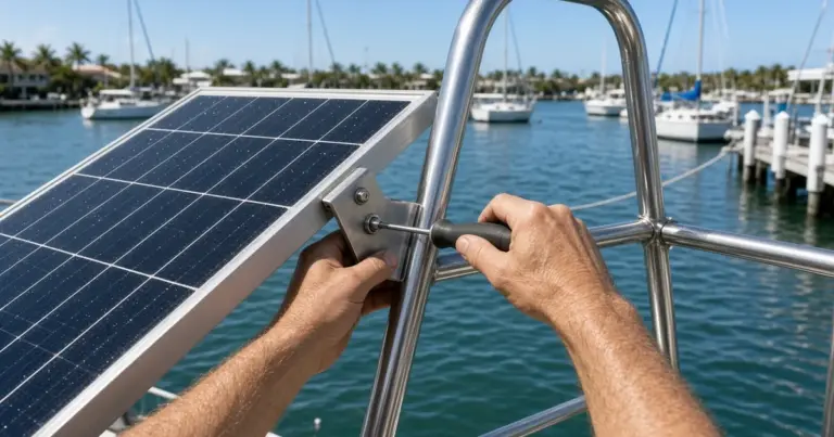 Hands tightening a solar panel mount on a stainless rail at a marina