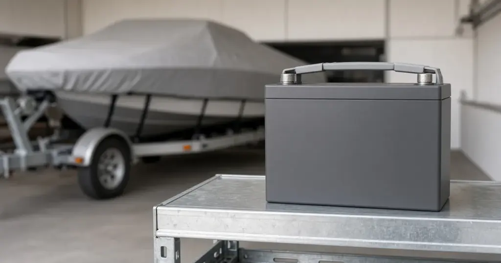 Lithium battery on a workbench in a storage shed in front of a covered boat on a trailer