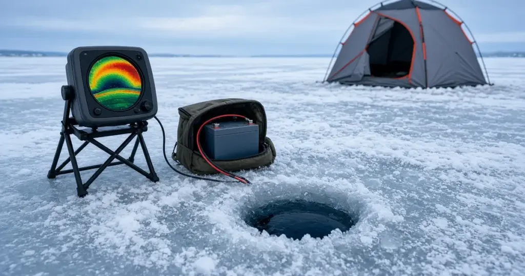Ice fishing flasher and battery beside a drilled hole on a frozen lake with a shelter tent behind