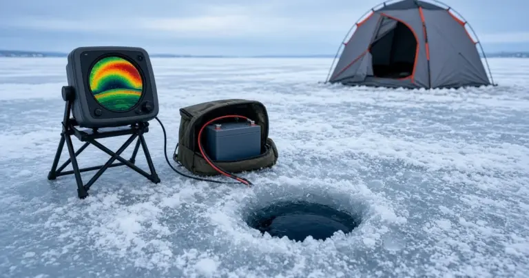 Ice fishing flasher and battery beside a drilled hole on a frozen lake with a shelter tent behind